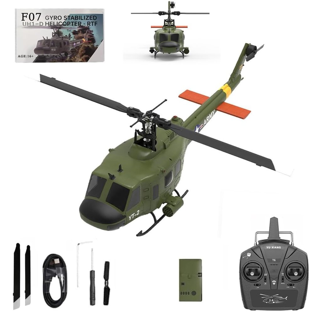 Actualia YUXIANG F07 UH-1 RC Helicopter for Huey, 1/34 Scale 6CH Brushless Direct-Drive 6G Flybarless Remote Control Helicopter, Optical Flow Positioning, RTF for Beginners & Enthusiasts