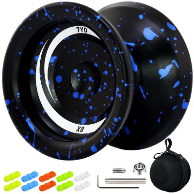 7YO Yoyo for Kids Beginner, X8 Responsive Professional Yoyo for Adults, Metal Alloy Yo Yo with 10 Strings, Case, Removal Bearing Tool, KK Bearing - Black Blue