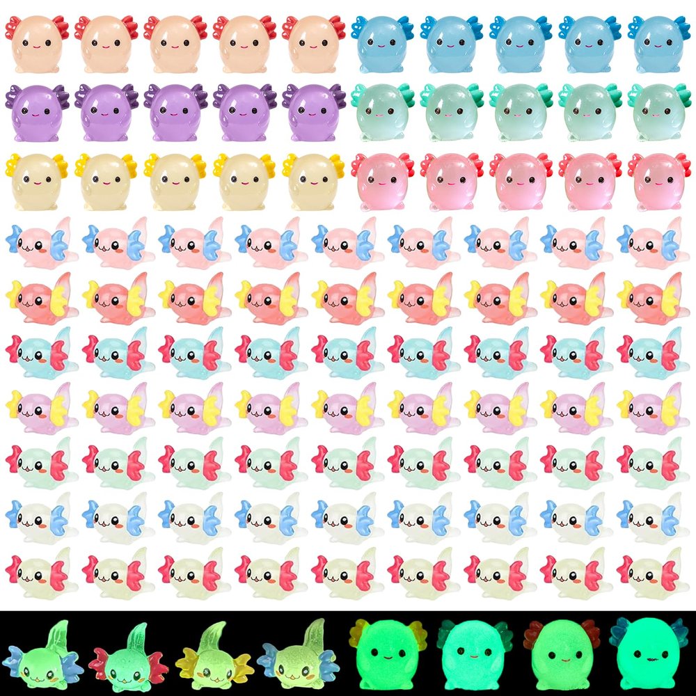 100 Pcs Mini Resin Axolotl Glow in The Dark Axolotl Figures Tiny Luminous Axolotl Animal Resin Ornament for DIY Garden Landscape Dollhouse Potted Plants Decor
