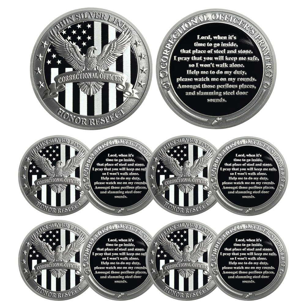 10Pcs Thin Gray Line Coin Correctional Officer Prayer Coin with Eagle Design Thin Blue Line Challenge Coin Gray Prison Police Coin Law Enforcement Appreciation Gift (Silver)