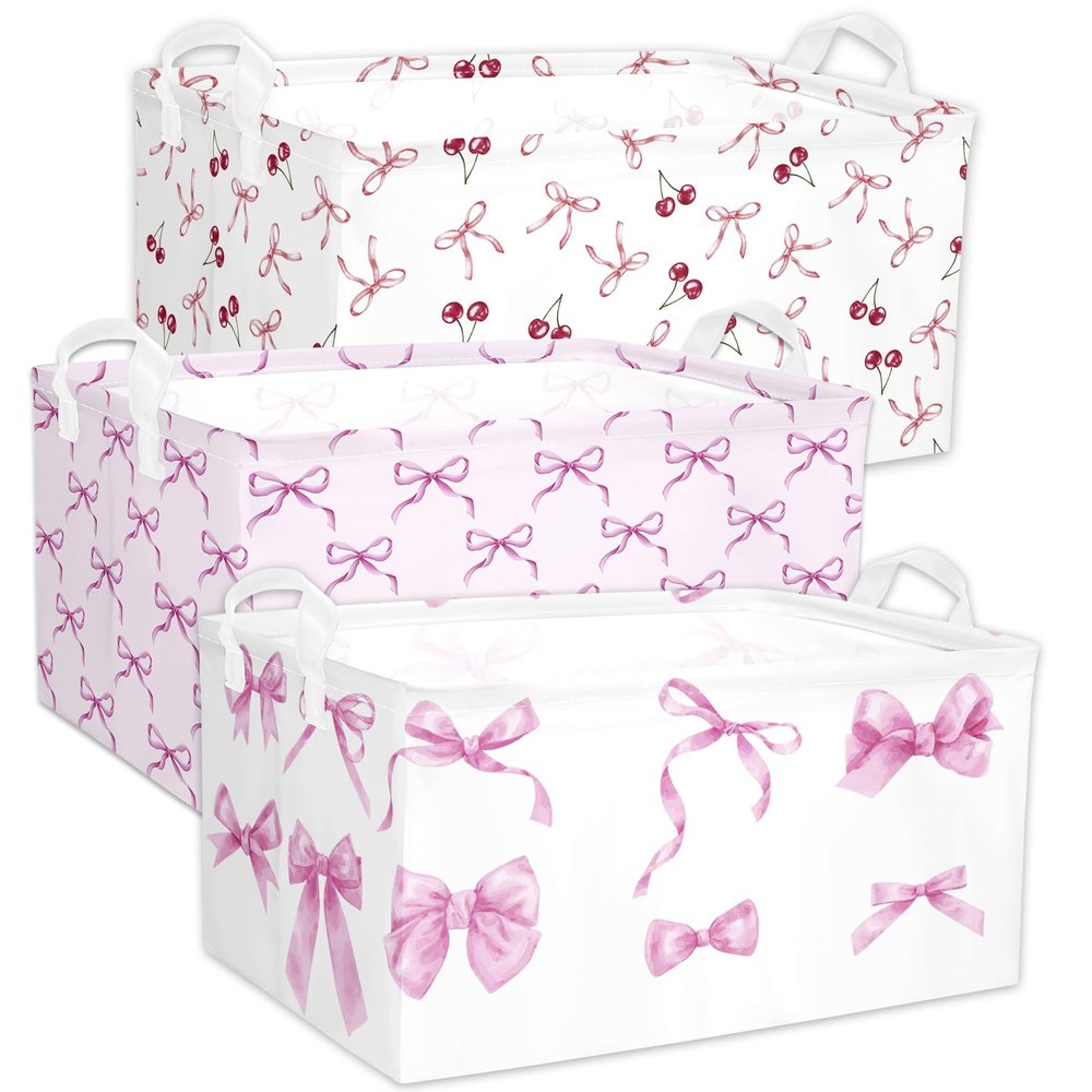 3 Pcs Pink Bow Storage Basket, Coquette Girls Rectangle Storage Bins Box with Handles, Bows and Chery Shelf Basket Ideal for Room Nursery Decor, Books, Organizing Clothes, Toys