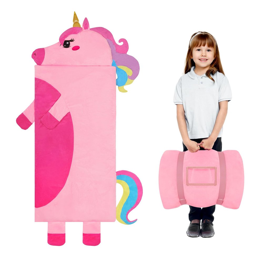 Kids Sleeping Bag Soft Plush Toddler Nap Mat with Pillow for Boys Girls Large 67 * 27.5 Inch Sleeping Mat for Daycare Preschool Kindergarten