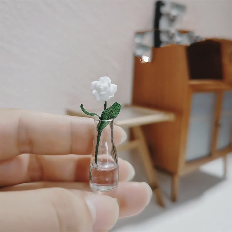 1 Pc Dollhouse Mini Rose Floral Vase Decor Ornamental Model Miniature Scene (White)
