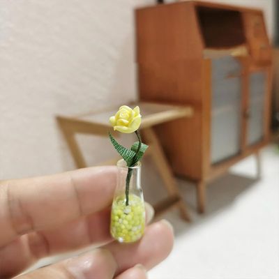 1 Pc Dollhouse Mini Rose Floral Vase Decor Ornamental Model Miniature Scene (Yellow)