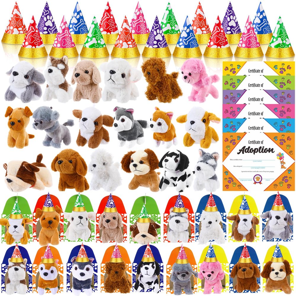 Gejoy 72 Pcs Adopt a Puppy Party Favors for Kids Puppy Themed Birthday Party Supplies Plush Dogs with Hats Adoption Certificates Boxes for Adopt a Pet Theme Boys Girls Birthday Parties(Novelty Dog)