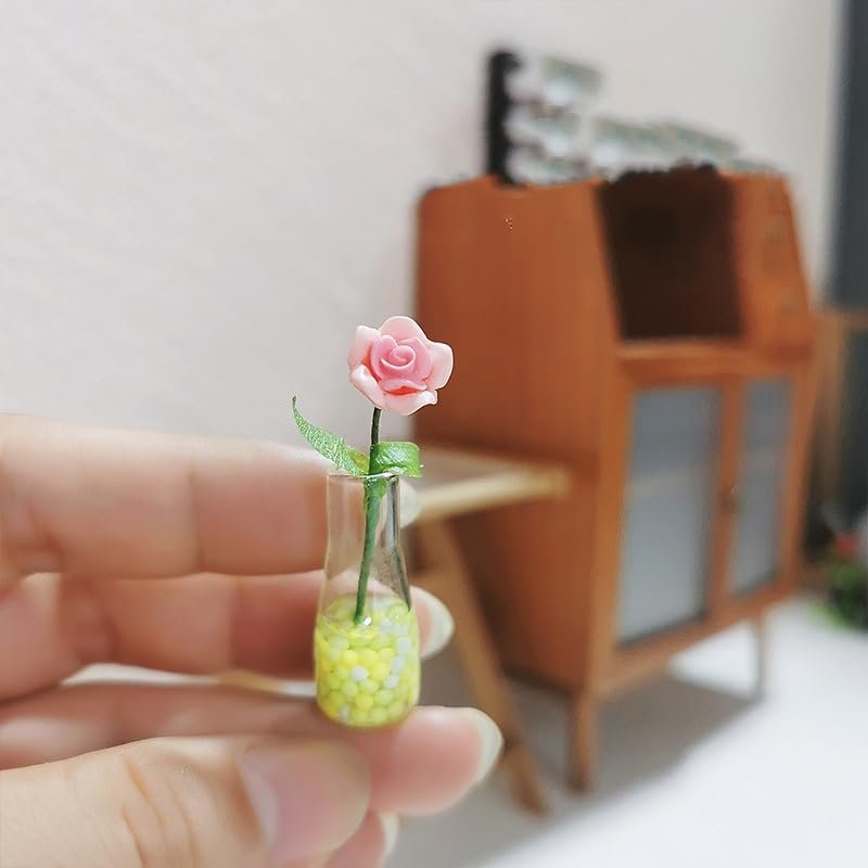 1 Pc Dollhouse Mini Rose Floral Vase Decor Ornamental Model Miniature Scene (Pink)