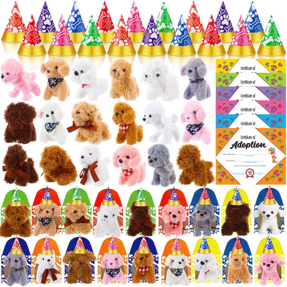 Gejoy 72 Pcs Adopt a Puppy Party Favors for Kids Puppy Themed Birthday Party Supplies Plush Dogs with Hats Adoption Certificates Boxes for Adopt a Pet Theme Boys Girls Birthday Parties(Stylish Dog)
