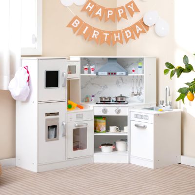 GLACER Kids Kitchen Playset, Wooden Children Pretend Playset with Range Hood, Washing Basin, Microwave, Stoves, 2-Piece Corner Toddler Kitchen Set for Boys and Girls Over 3 Years Old (White)