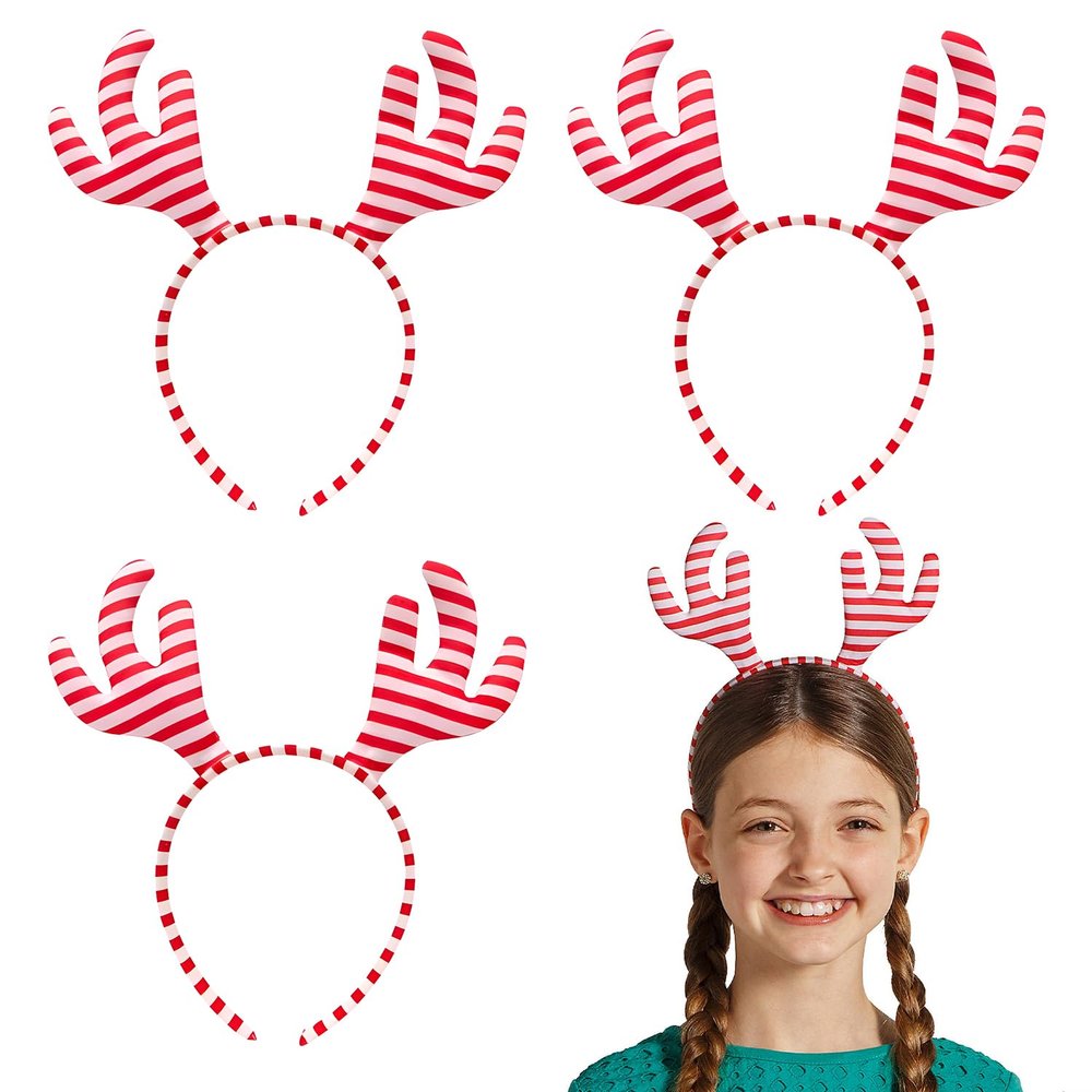 Fun Express 7 3/4" Candy Cane Stripe Stuffed Reindeer Antlers Headbands - 6 Pieces