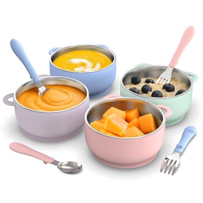 Bakpoco Suction Toddler Bowls and Feeding Utensils Set, 2-in-1 Stainless Steel 304 Kids Bowl & Silicone Suction Baby Bowl with Spoons and Forks, First Self-feeding Training Set, Unicorn Magic