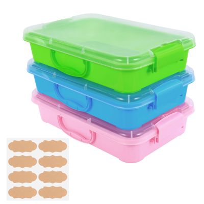3 Pcs Plastic Sensory Bins-Portable Sandbox Container with Handle & Clear Lid-Stackable Play Tray for Kids Storage Sand,Toys & Crafts-Organizing Container for Home,Office and More(Green+Blue+Pink)