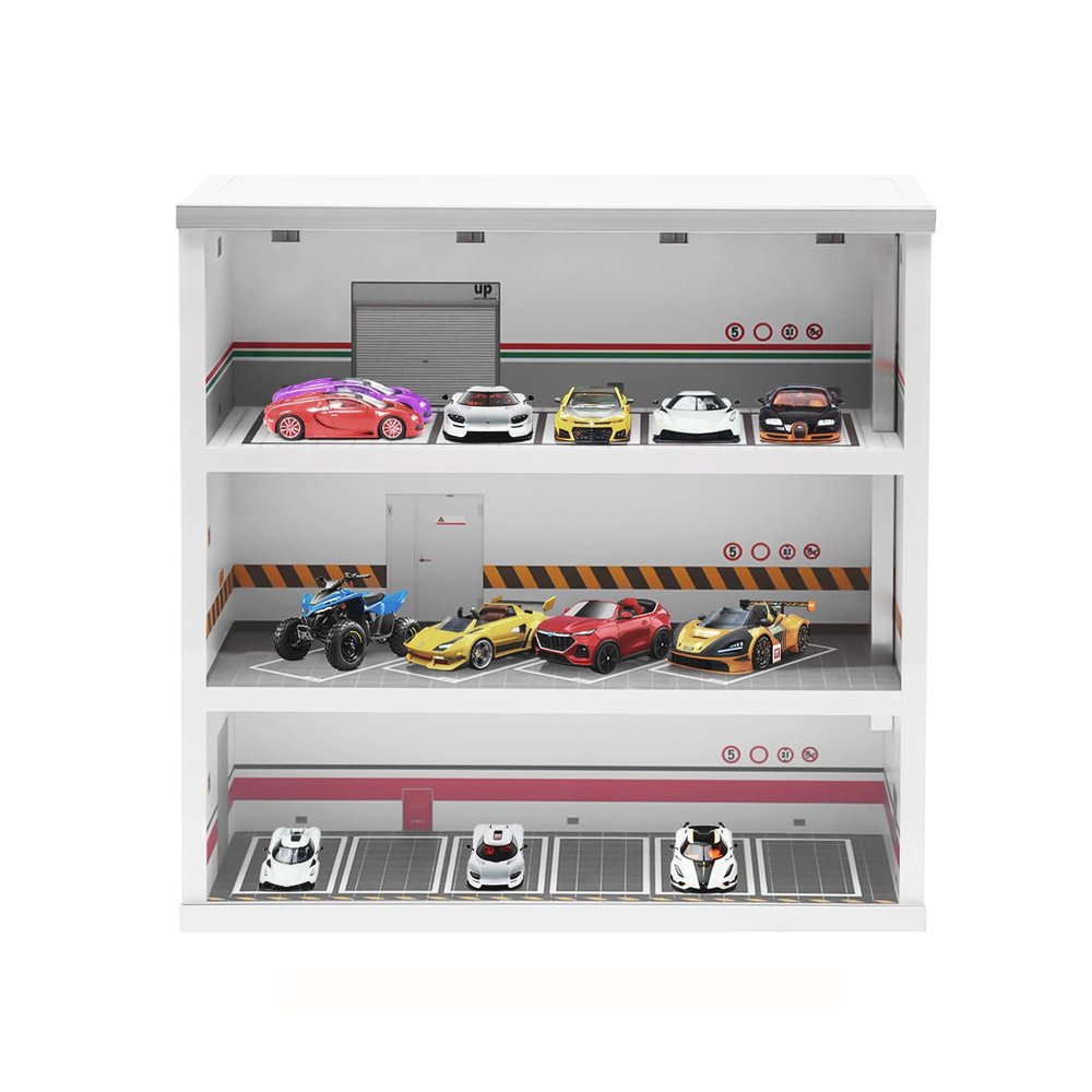 1:64 Mini Model Car Collection Display Case, 3-Layer Diecast Car Model Garage Display Cabinet, Parking Lot Decoration w/LED Light