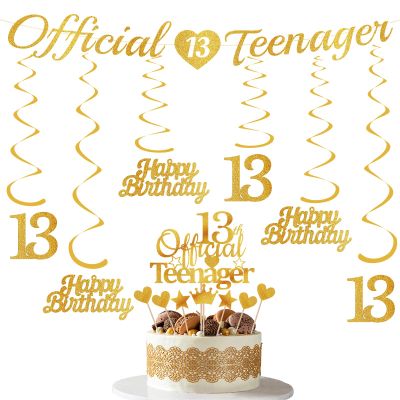 13th Birthday Decorations Banner Girls - 15 Pcs Gold Official Teenager Decorations Banner Hanging Swirls Cake Topper Sign For Girls Boys 13 Years Old Bday Party Supplies