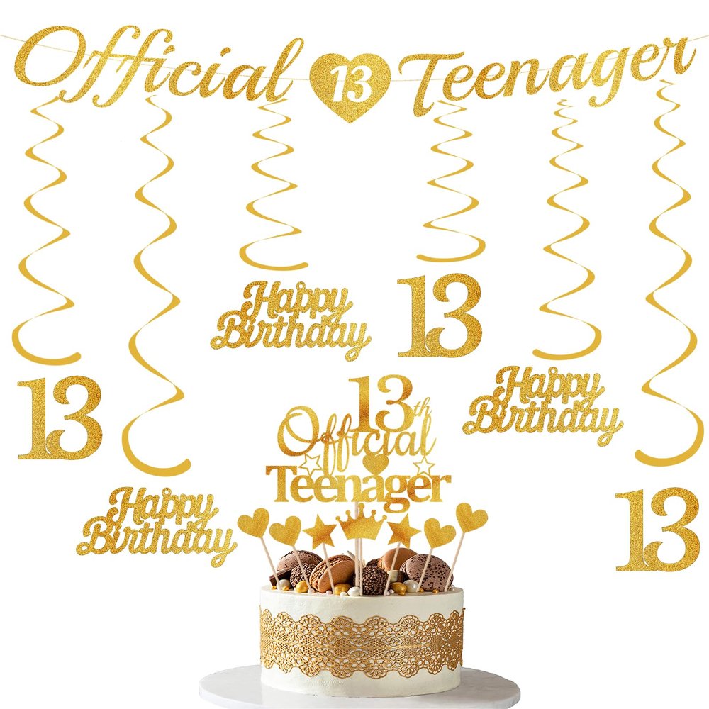 13th Birthday Decorations Banner Girls - 15 Pcs Gold Official Teenager Decorations Banner Hanging Swirls Cake Topper Sign For Girls Boys 13 Years Old Bday Party Supplies