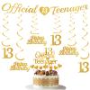 13th Birthday Decorations Banner Girls - 15 Pcs Gold Official Teenager Decorations Banner Hanging Swirls Cake Topper Sign For Girls Boys 13 Years Old Bday Party Supplies view 1