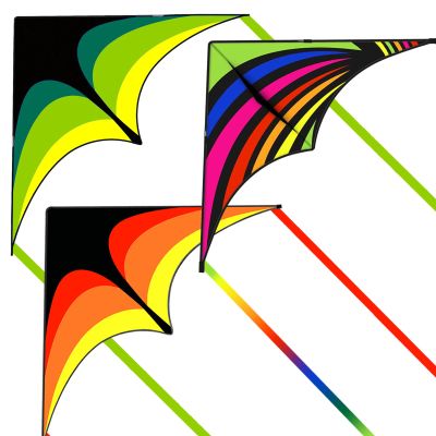3 Pack Delta Kite Set for Adults and Kids, Single Line Beach Kites for Boys & Girls, Three Handle with String Included (Green, Orange & Rainbow)