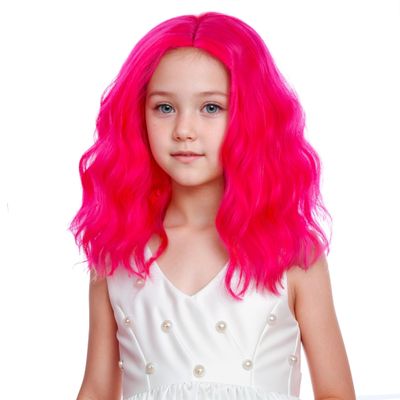 Edivd Kids Hot Pink Wig Child Rose Red Side Part Wig Girls Neon Pink Wavy Curly Wigs Heat Resistant Synthetic Wigs with Cap