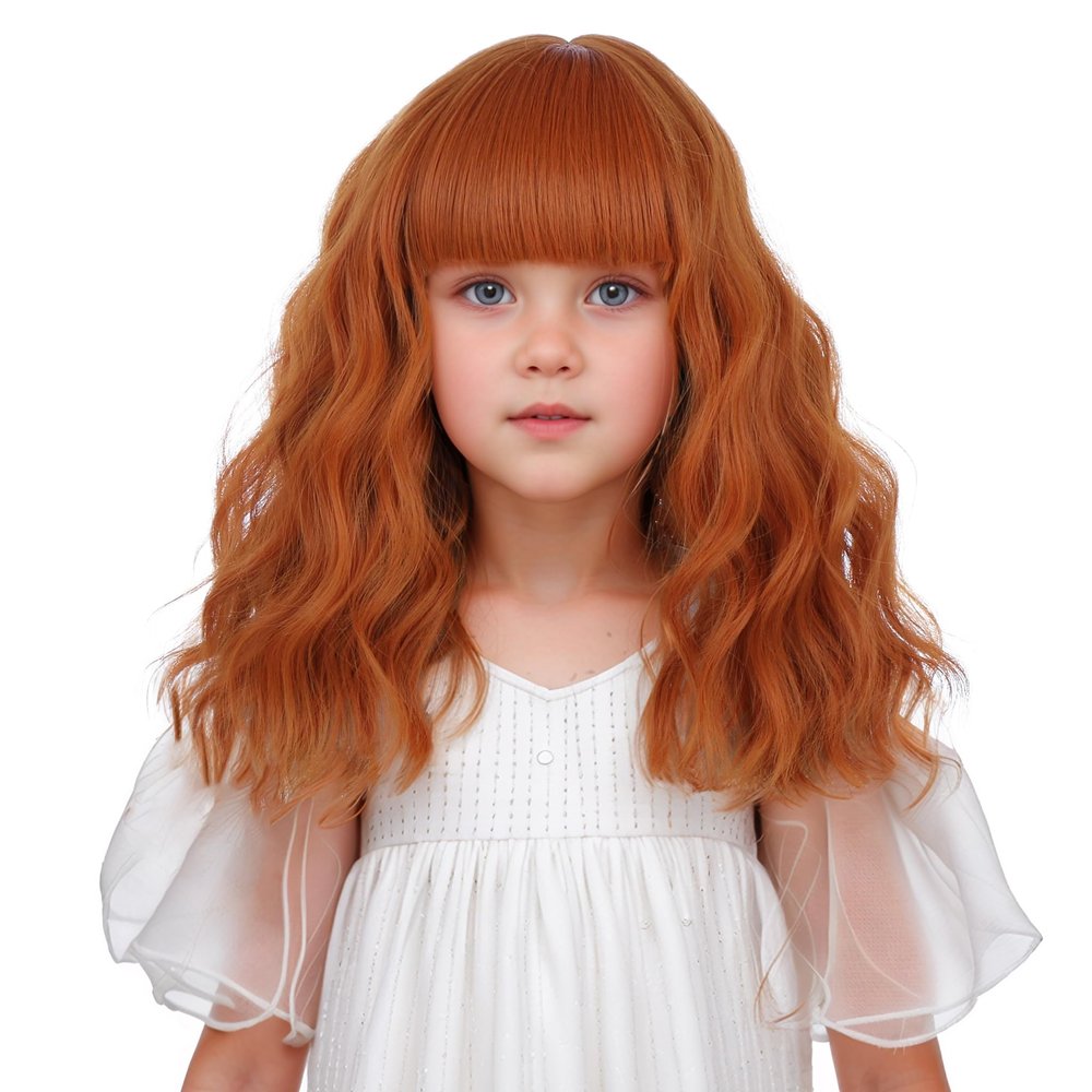 Edivd Child Ginger Orange Wig Kids Short Ginger Wig with Air Bangs Girls Dark Orange Wavy Curly Wigs Heat Resistant Synthetic Wigs with Cap