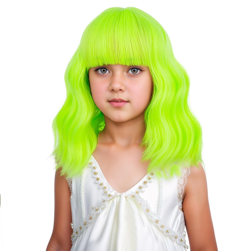DUDUWIG Lime Green Wig Short Neon Green Wavy Curly Wig with Air Bangs Heat Resistant Synthetic Wigs with Cap (Small Size)