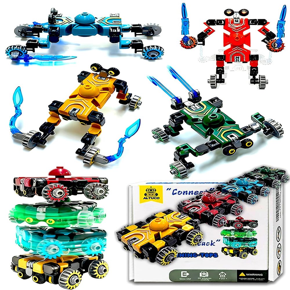4-Pack Transformable Fidget Spinners for Kids,DIY Transforming Car & Robot Fidget Toys,Easter Basket Stuffers Gifts,Stress Relief Sensory Toys for Boys