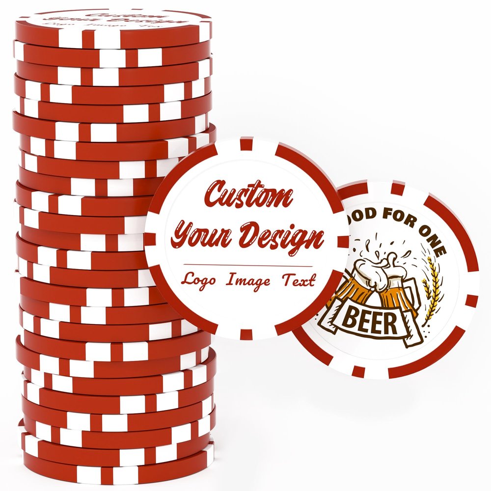 50 Custom Clay Poker Chips, 40mm Personalized Poker Chips with Your Logo, Image or Text, Heavy 11.5 Grams Casino Sized Clay Drink Chips for Bar, Party, Business Card, Golf Club or Events (Red)