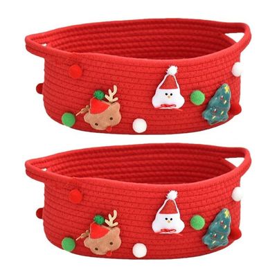 2pcs Holiday Themed Cotton Rope Storage Bin Hand Woven Basket Toy Organizers for Kids Elegant Christmas Present Basket