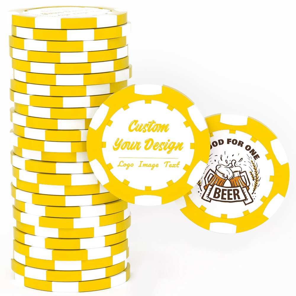 50 Custom Clay Poker Chips, 40mm Heavy 11.5 Grams Casino Sized Personalized Poker Chips with Logo, Image or Text, Customized Drink Tokens for Bar, Party, Business Card, Golf Club or Events (Yellow)