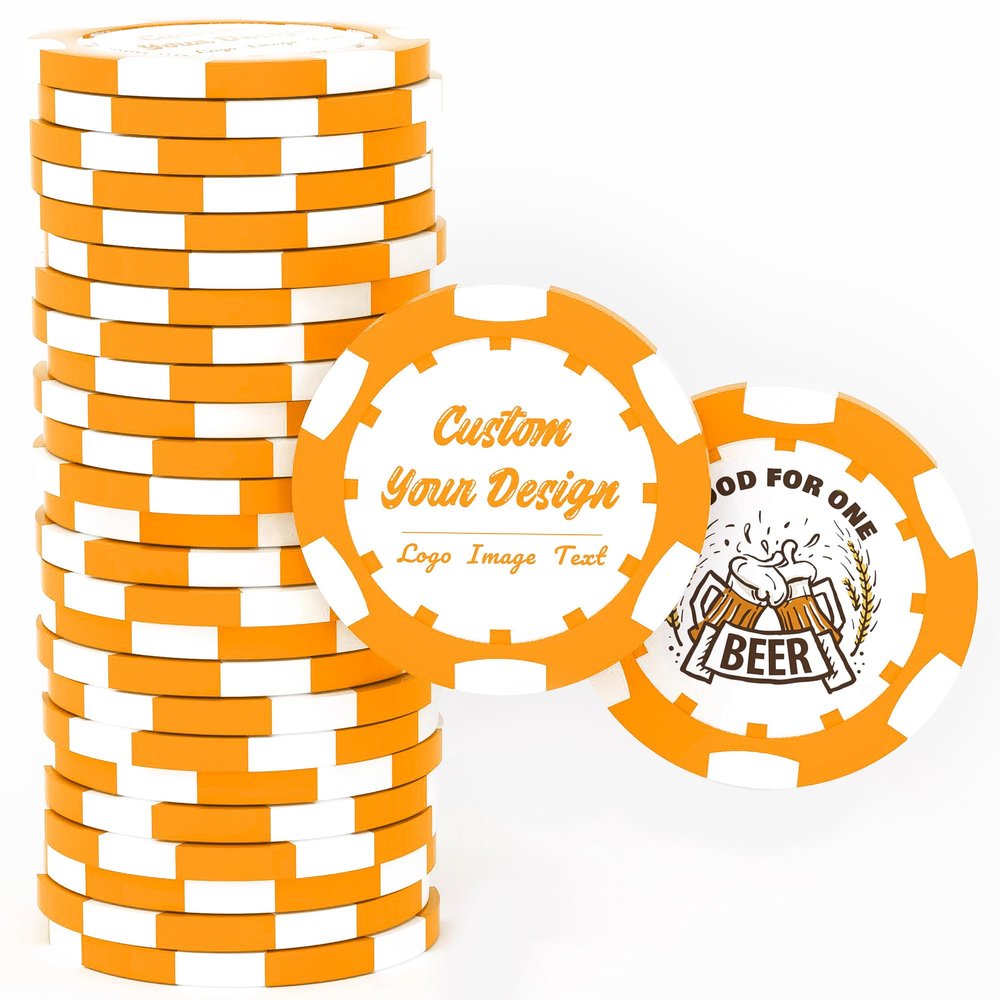 50 Custom Clay Poker Chips, 40mm Heavy 11.5 Grams Casino Sized Personalized Poker Chips with Logo, Image or Text, Customized Drink Tokens for Bar, Party, Business Card, Golf Club or Events (Orange)