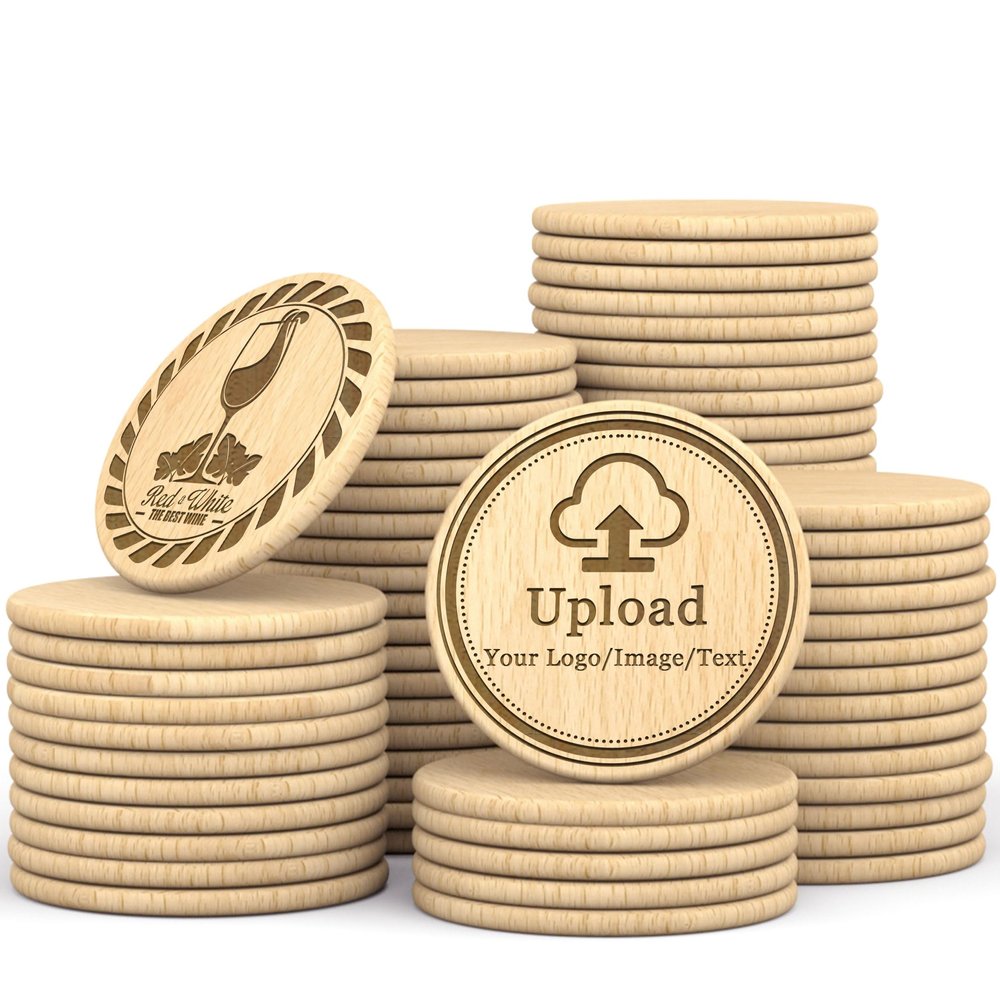 100-1000Pcs Custom Wooden Drink Chips, 1.5 Inch Wooden Coins, Personalized Drink Tokens, Laser Engraved with Your Logo, Text, or Design, Poker Chips, Event & Wedding Favors