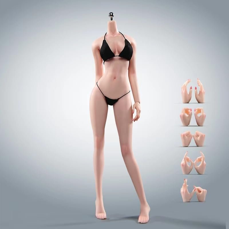 1/12 Scale Female Action Figure Body, 6 inches Miniature Seamless Slender Female Body, Realistic Soft Flexible Girl Figure Model - Detachable 5 Pairs of Hands & 2 Pairs of Feet Shapes (Pale Skin)