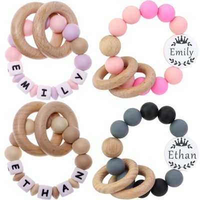 2Pack - Personalized Gift Rattle with Name for Boys and Girls,Customized Wooden Rattle Ring,Custom Keepsake Rattle Baby Gift