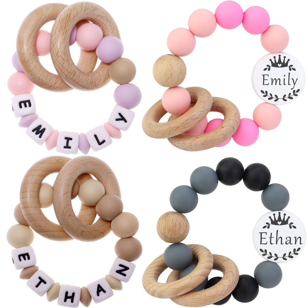 2Pack - Personalized Gift Rattle with Name for Boys and Girls,Customized Wooden Rattle Ring,Custom Keepsake Rattle Baby Gift