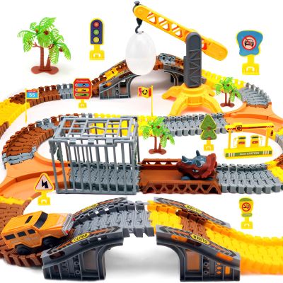 CORPER TOYS 271-pcs Construction Race Track Set Toys with Light Up Electric Construction Race Car, Dinosaur Race Car, Crane, Egg, Trees and Road Signs DIY Race Car Track for Kids Gift