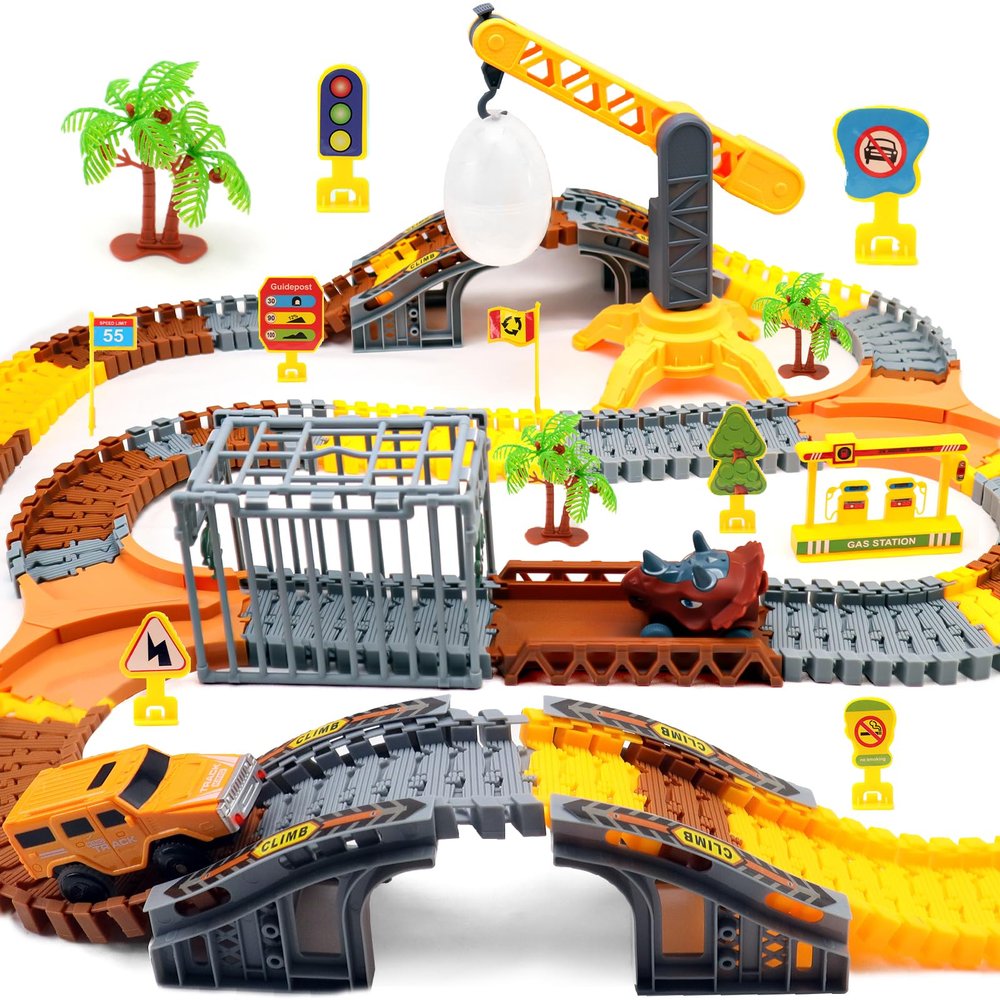 CORPER TOYS 271-pcs Construction Race Track Set Toys with Light Up Electric Construction Race Car, Dinosaur Race Car, Crane, Egg, Trees and Road Signs DIY Race Car Track for Kids Gift