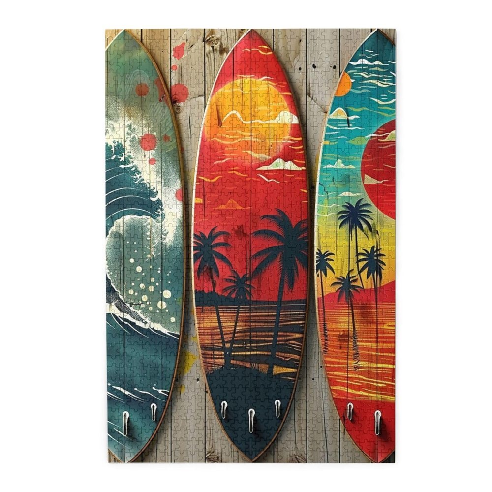 1000 Piece Wood Puzzles for Adults, Surfboard Surfing Waves Palm Trees Hawaiian Tropical Colorful Jigsaw Puzzles, Funny Challenging Puzzles, Great Gift for Family Friends