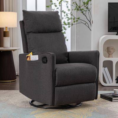 038 Cotton Linen Fabric Swivel Rocking Chair Glider Rocker Recliner Nursery Chair with Adjustable Back and Footrest for Living Room Indoor,Dark Gray