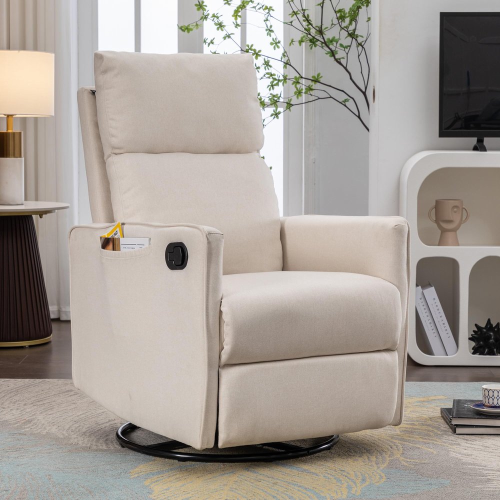038 Cotton Linen Fabric Swivel Rocking Chair Glider Rocker Recliner Nursery Chair with Adjustable Back and Footrest for Living Room Indoor,Beige