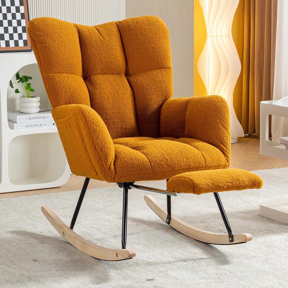 053 Teddy Fabric Rocking Chair with Adjustable Footrest,Caramel
