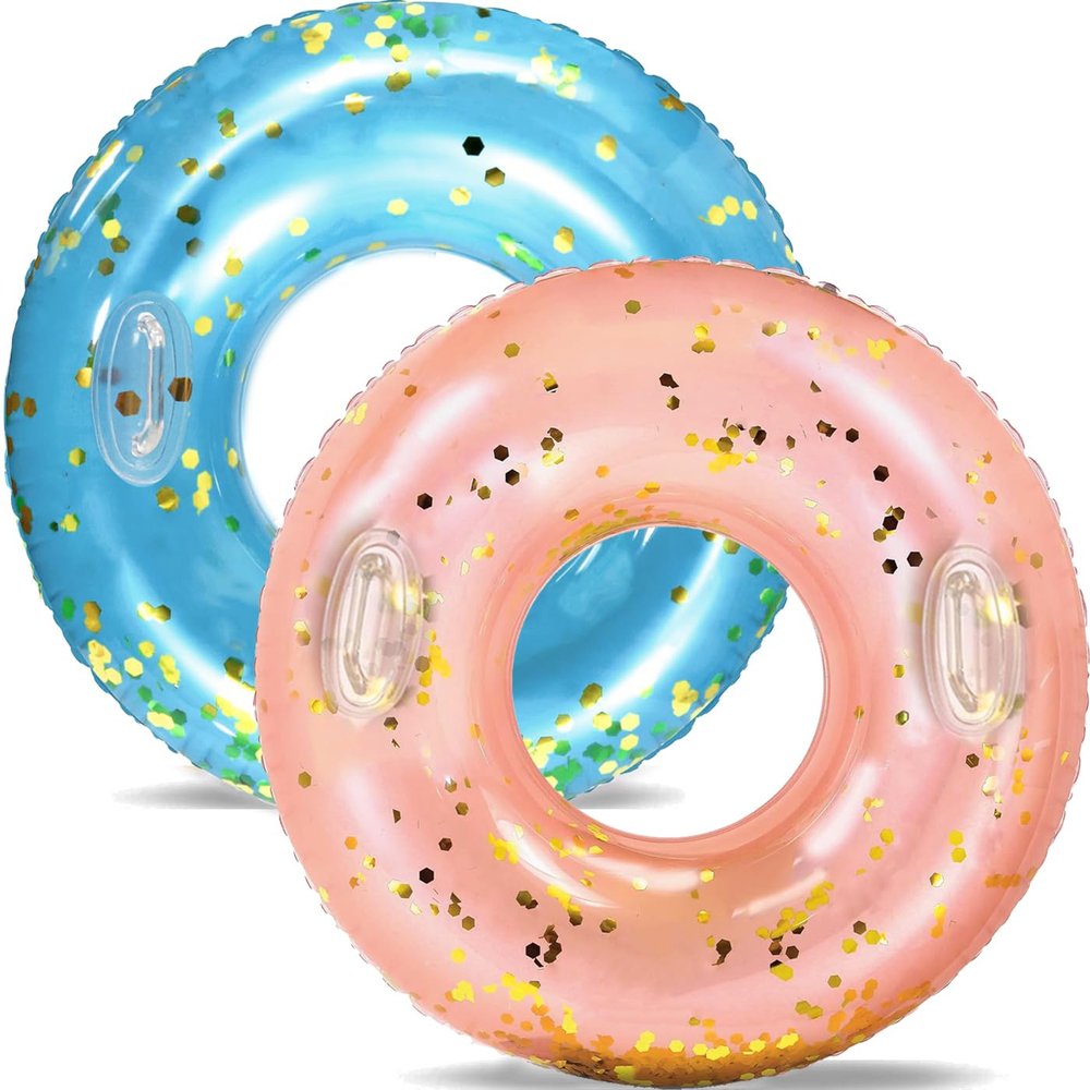 2 Pack Giant Swim Ring with Handles for Adults,47 Inch Pool Inner Tubes with Gold Confetti,Inflatable Pool Floats Rafts,Pool Floaties Adult Size for Summer Pool Party Beach (Blue and Pink)