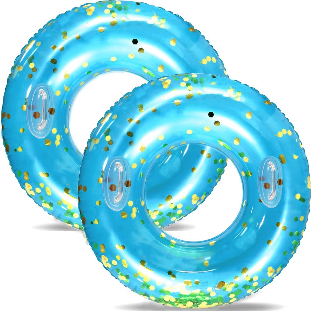 2 pcs Giant Swim Ring with Handles for Adults,47Inch Clear Pool Inner Tubes with Gold Confetti,Inflatable Pool Floats,Pool Floaties Adult Size for Summer Pool Party Beach (Blue Style)