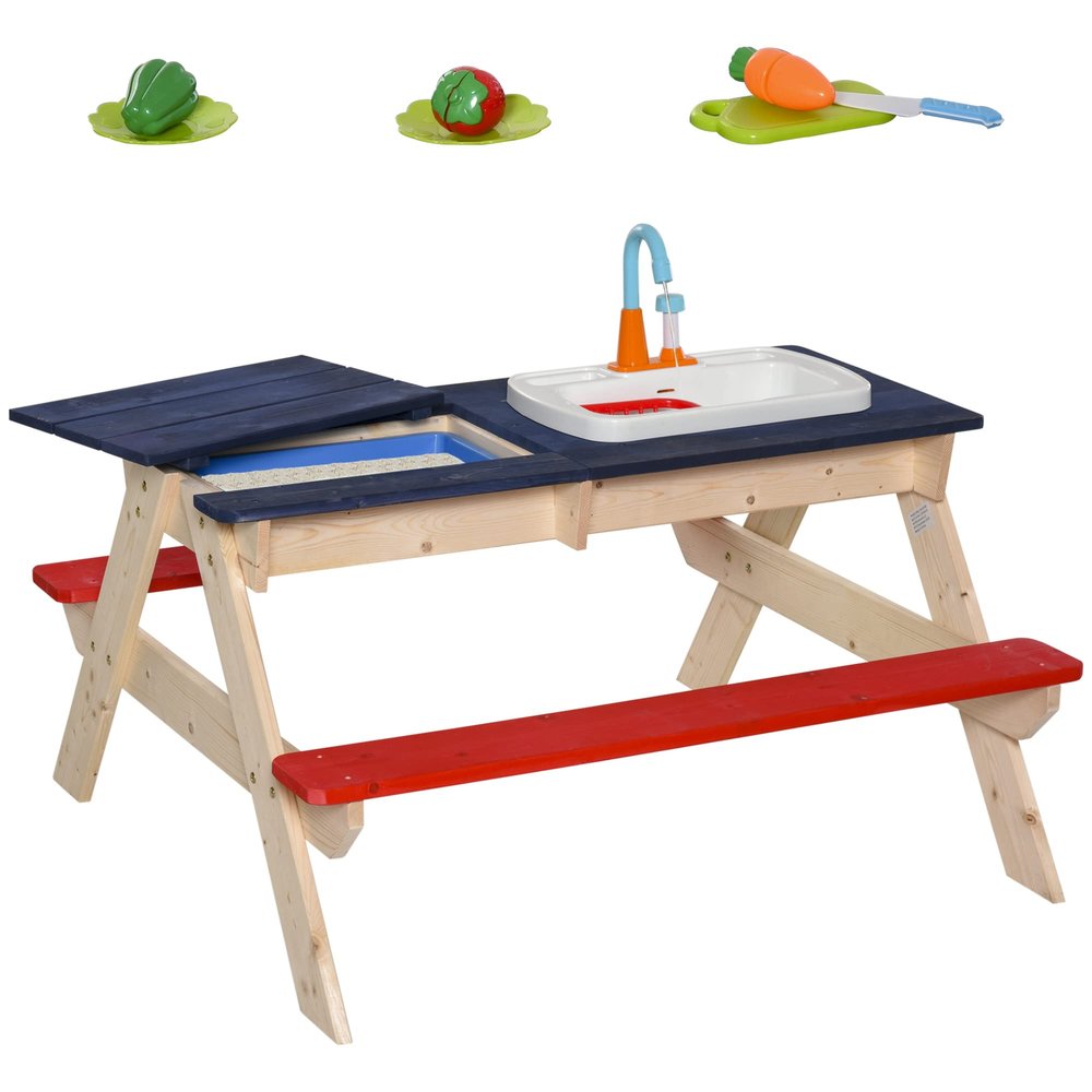 Sand Water Table, Picnic Table and Bench Set with Sandbox, Water Circulation Faucet