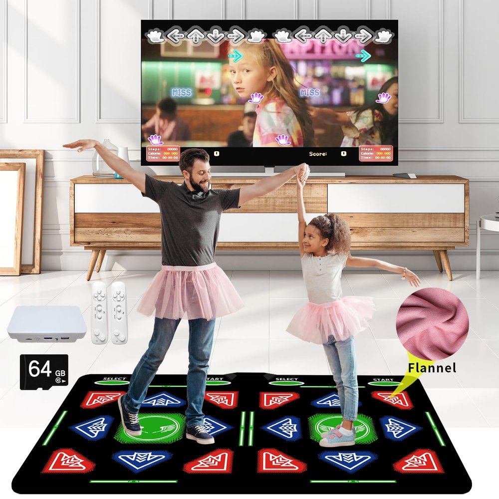 HSAHL Music Double Dance Mat for Kids and Adults,64G Memory Card,Fitness Dance Games with MV/3D/Cartoon Dance Mode, 1000pcs Games and 885pcs Songs 81pcs MV for HDMI TV Fun Senior Flannel Materia