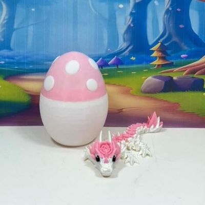 3D Printed Dragon, Articulated Dragon with Egg, 6" White and Pink Rose Baby Dragon, Fidget ADHD Toy Executive Desk Toy BD007-ROSE-ME