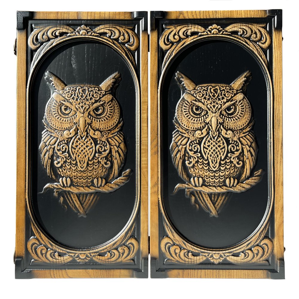 3D Premium WOODEN BACKGAMMON Set Handcrafted Handmade Game New Board 48cm (19), Carved, OWL