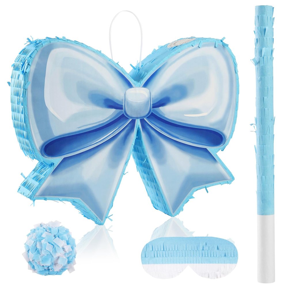 Bow Piata Birthday Party Decorative Bow Tie Piata with Blindfold and Bat for Girls Kids Blue Bows Birthday Party Decorations Wedding (Small Size 16.5"x13"x3)
