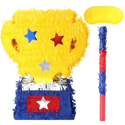 Birchio Gold Trophy Pinatas Bundle with a Blindfold and a Bat (Small Size 15.5 x 13 x 4 Inches), Perfect for Sport Team School Event Parties, Champion Award Ceremony Party Decorations Games