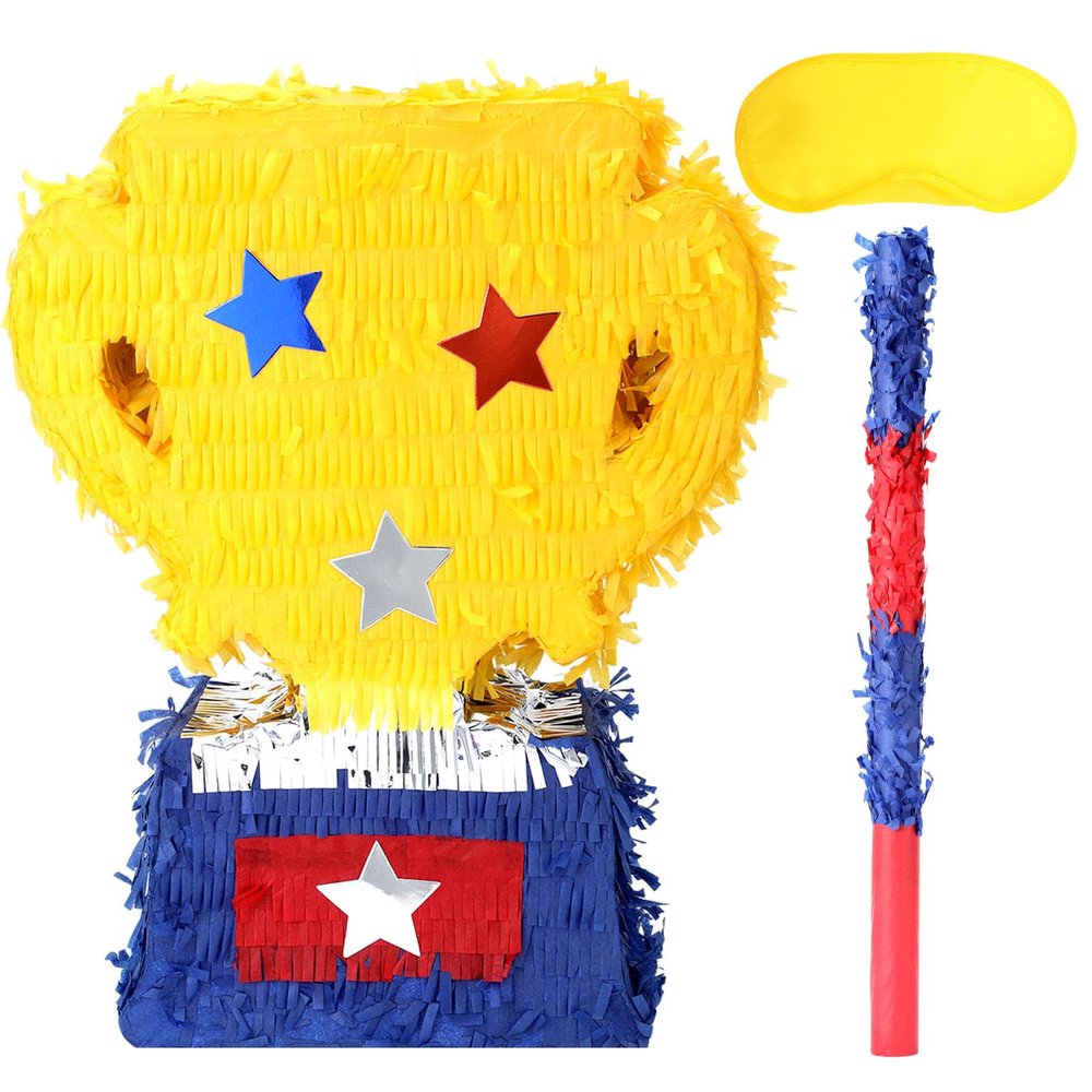 Birchio Gold Trophy Pinatas Bundle with a Blindfold and a Bat (Small Size 15.5 x 13 x 4 Inches), Perfect for Sport Team School Event Parties, Champion Award Ceremony Party Decorations Games
