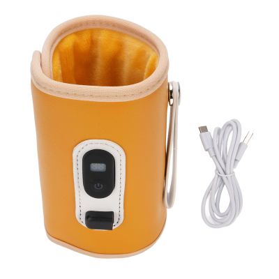 21 Levels Baby Bottle Warmer USB Powered LED Display Portable Insulation Cover for Outdoor Travel PU Leather Plush Knitted Cotton and Silicone Various Sizes of Bottles (Yellow)