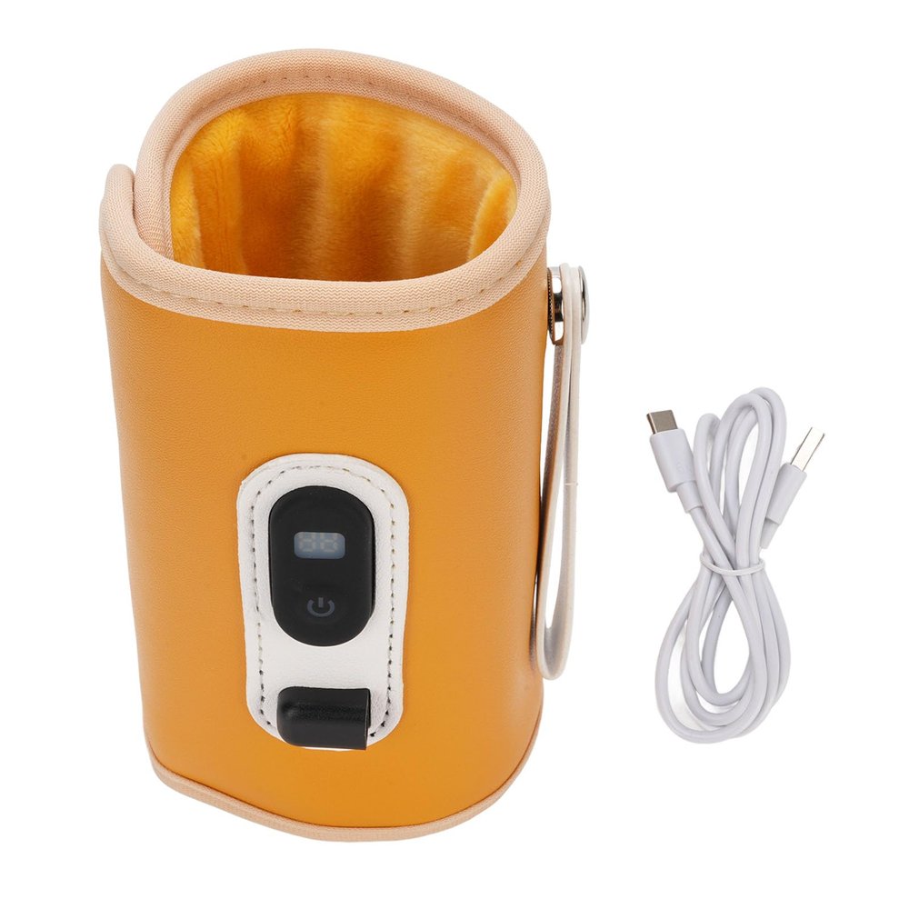 21 Levels Baby Bottle Warmer USB Powered LED Display Portable Insulation Cover for Outdoor Travel PU Leather Plush Knitted Cotton and Silicone Various Sizes of Bottles (Yellow)