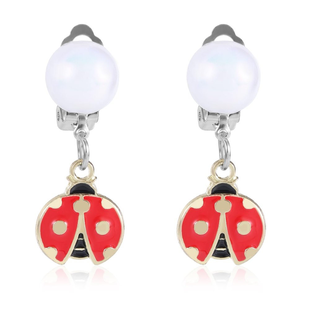 Ladybug Pearl Earrings for Kids, Clip On Pearl Ladybird Ear Earrings Girls Baby Toddler Jewelry Perfect Decorations and Gifts for Daily Wear Halloween Carnival Role Play No Piercing Required